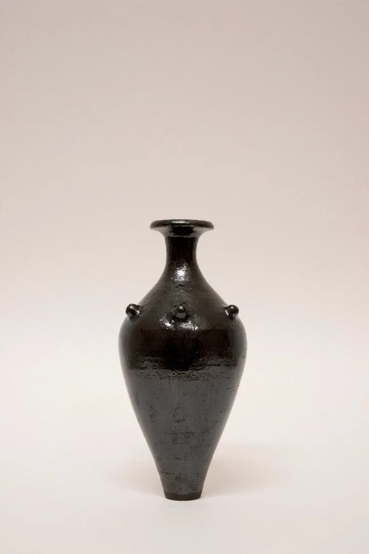Artisanal handmade wheel-thrown ceramic vase tableware set. Dark Glaze ceramics. Hand built vessel