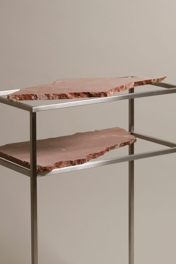 Unique, Custom-Made Contemporary Design Stainless Steel and Stone Side Table, with a one of a kind limestone top. Contemporary Collectible Design
