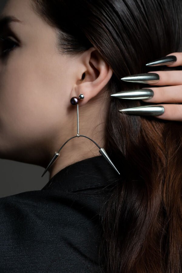 Unique Custom Made Hand Crafted Contemporary Design Sterling Silver & Pearl Spike Earrings