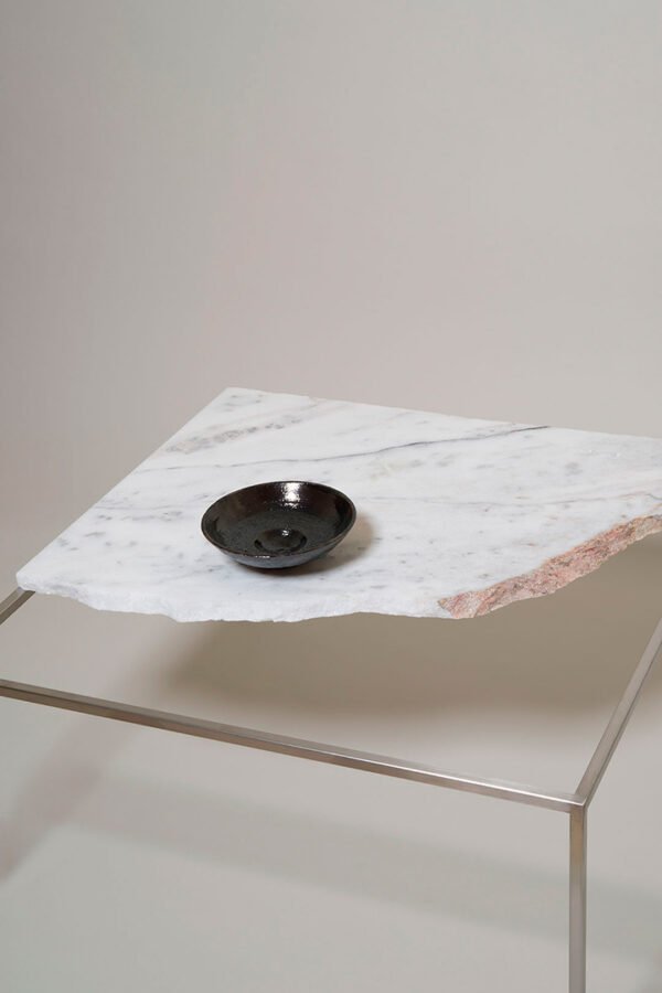 Unique, Custom-Made Contemporary Design Stainless Steel and Stone Table, with a one of a kind white marble top. Contemporary Collectible Design